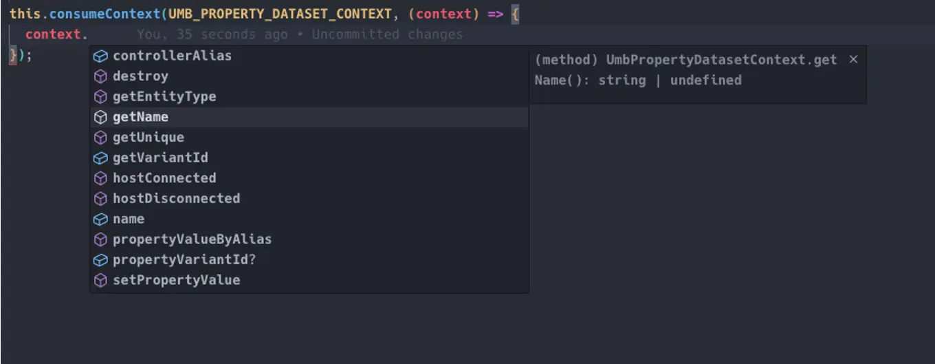 Code editor screenshot showing TypeScript Intellisense dropdown in Umbraco CMS for 'UMB_PROPERTY_DATASET', listing methods such as 'getEntityType', 'getName', and 'setValue' with the method 'getName' highlighted.