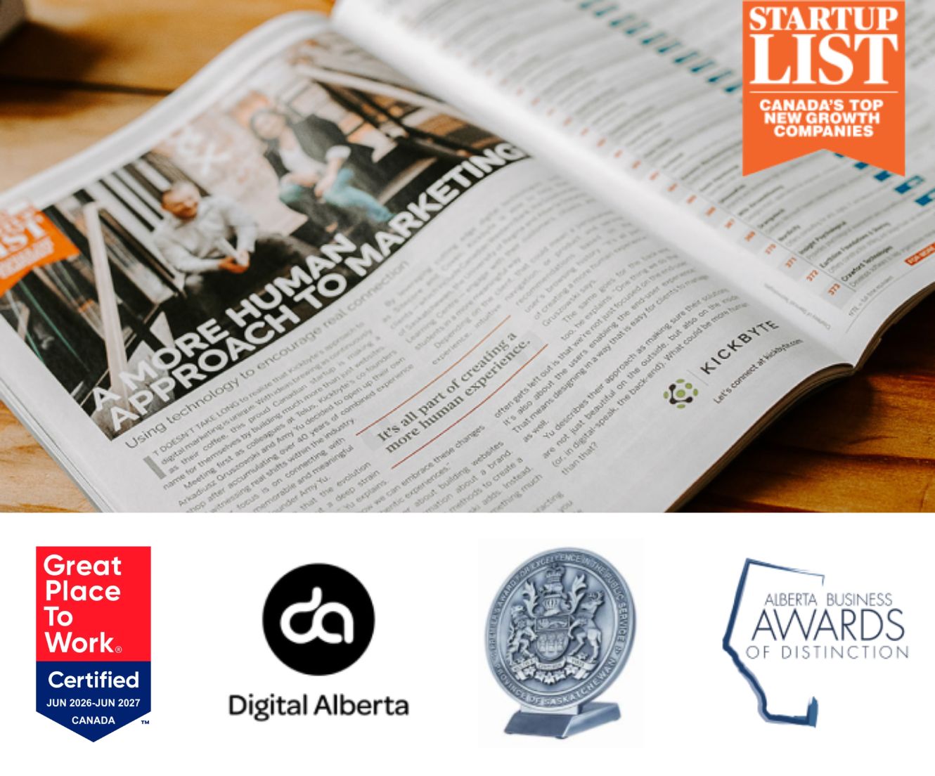 Open newspaper with headline “A HUMAN PROACTIVE APPROACH,” plus Startup List Canada logo and awards badges including Great Place To Work, Digital Alberta, and Alberta Business Awards of Distinction.