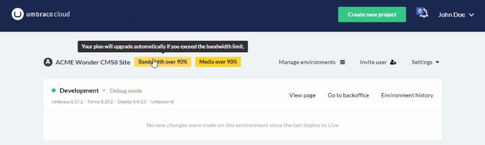 Umbraco Cloud Portal Usage Limits Labels