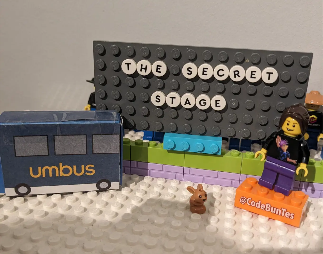 Image of a Lego scene depicting the UmBus and a Lego Minifig or Terence Burridge