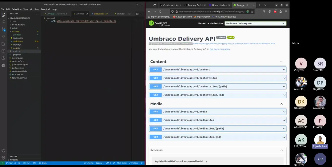 Screen shot of a virtual Umbraco Meetup Kerala, showing 50+ attendees.