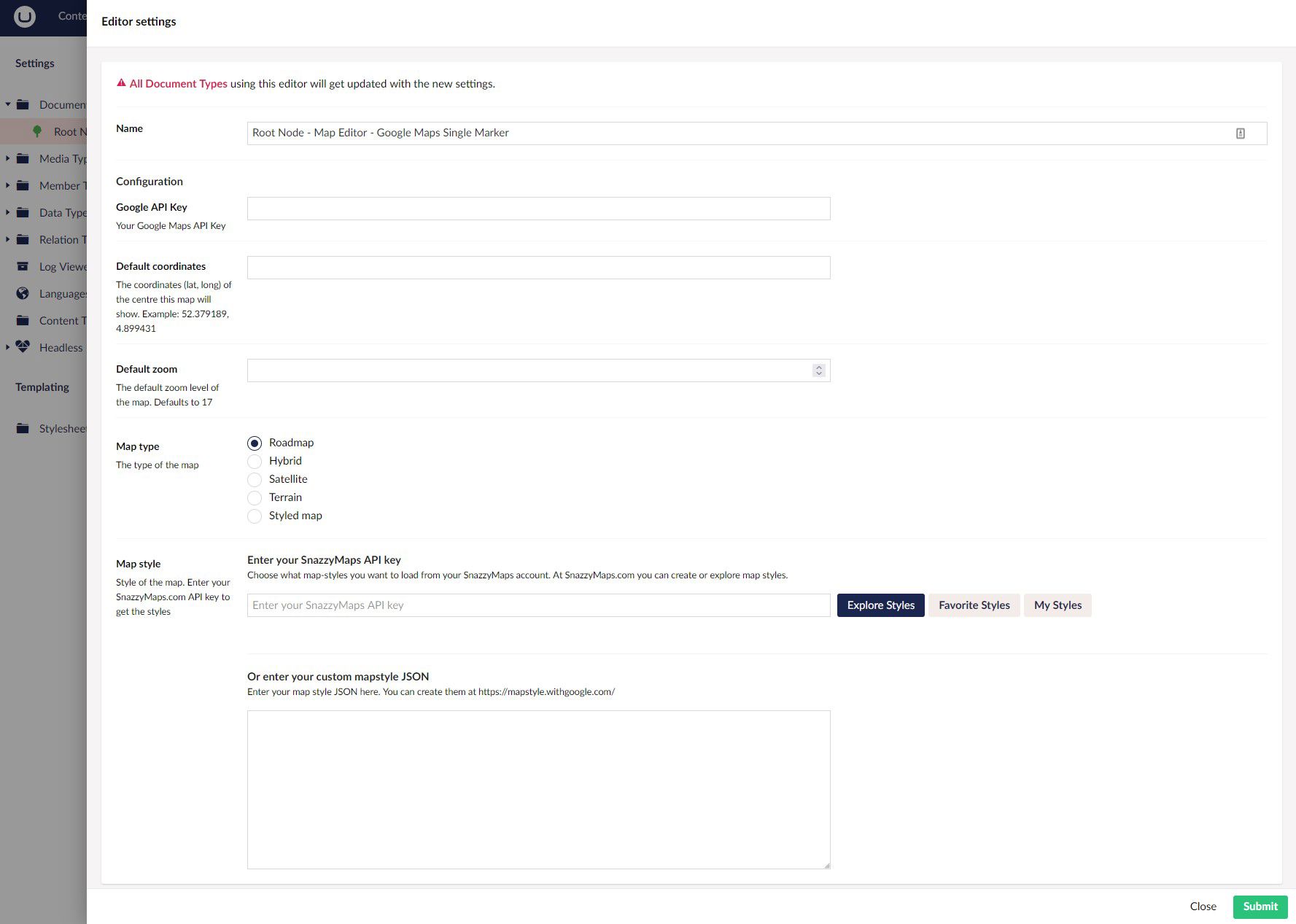 Umbraco Heartcore Google Maps Editor Settings