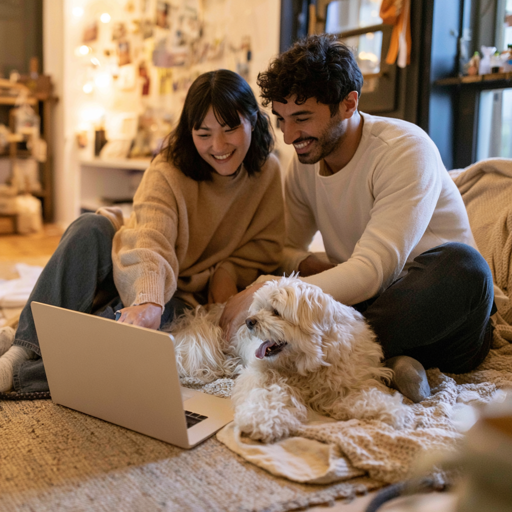 Couple smiling on couch using a laptop while their small white dog lies in front of them