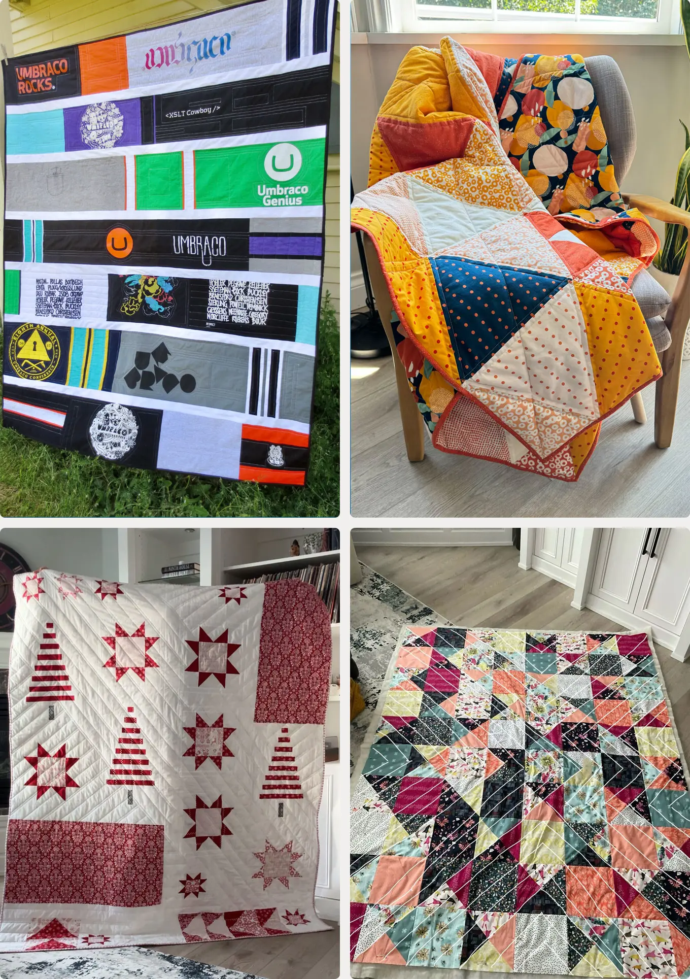 Images of various quilting projects made by Erica Quessenberry, using multicoloured and patterned pieces of fabric, including a red and white Christmas themed quilt and a special quilt made from Umbraco branded tshirts.