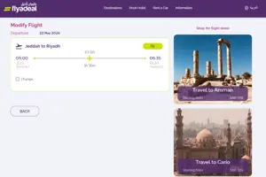 A screenshot of the 'flyadeal' airline's website flight modification page. The interface displays an upcoming flight from Jeddah (JED) to Riyadh (RUH) on the 22nd of March 2024, departing at 05:00 and arriving at 06:35, with a duration of 1 hour and 35 minutes. On the right side, there are promotional images offering flight deals to Amman and Cairo with starting prices in Saudi Riyals (SAR). The website's color theme is purple and yellow, aligning with the brand's colors.