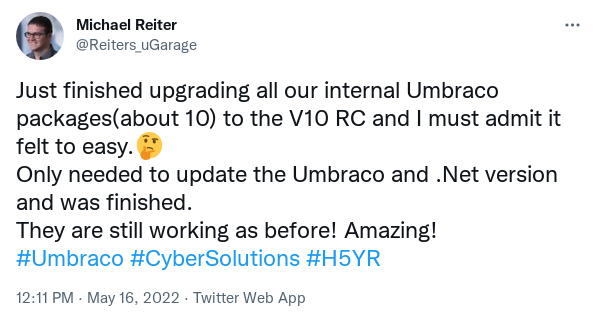 Michael Reiter tweet about Umbraco 10