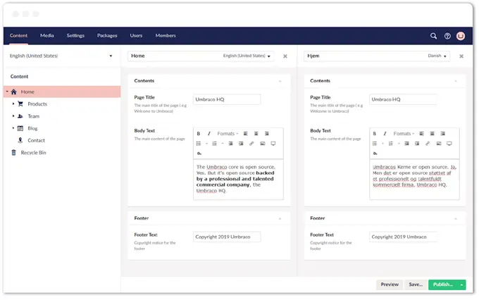 A screenshot of the Umbraco backoffice showing the editing blocks of the same content in two languages side by side.