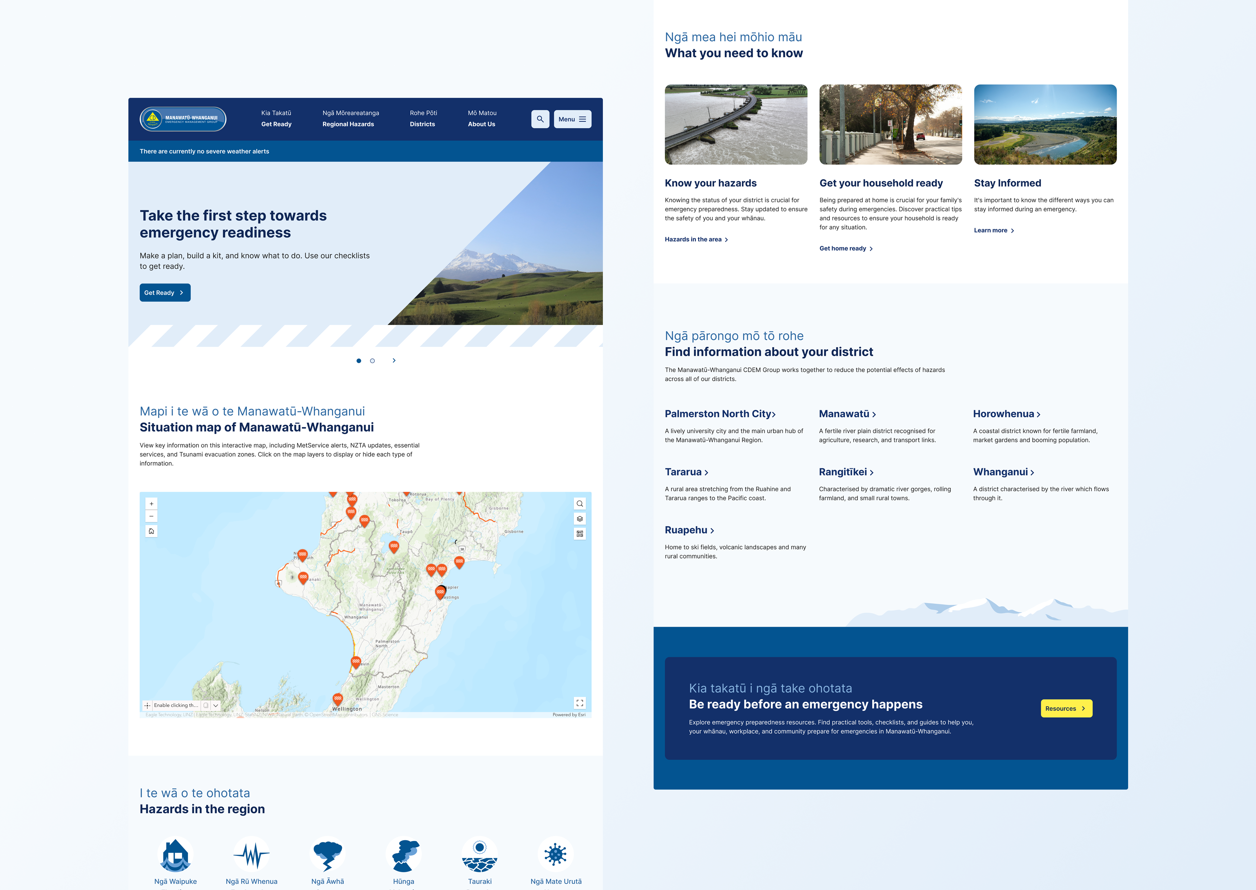 Two multi-section webpage layouts highlighting a regional situation interactive map, local hazard icons, and individual district directory information.