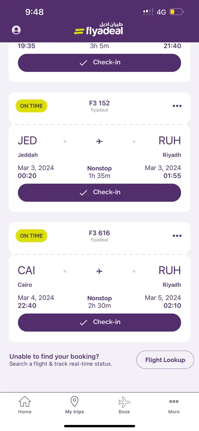 A mobile screen capture of the 'flyadeal' airline's app displaying upcoming flight itineraries. The first flight, F3 152, is scheduled from Jeddah to Riyadh on March 3, 2024, marked as 'ON TIME' with a departure at 00:20 and a 1h 35m duration. The second flight, F3 616, from Cairo to Riyadh on March 4, 2024, also shows as 'ON TIME', leaving at 22:40 and taking 2h 30m. There are 'Check-in' prompts for both flights. The app's interface is in purple and yellow, the airline's colors.