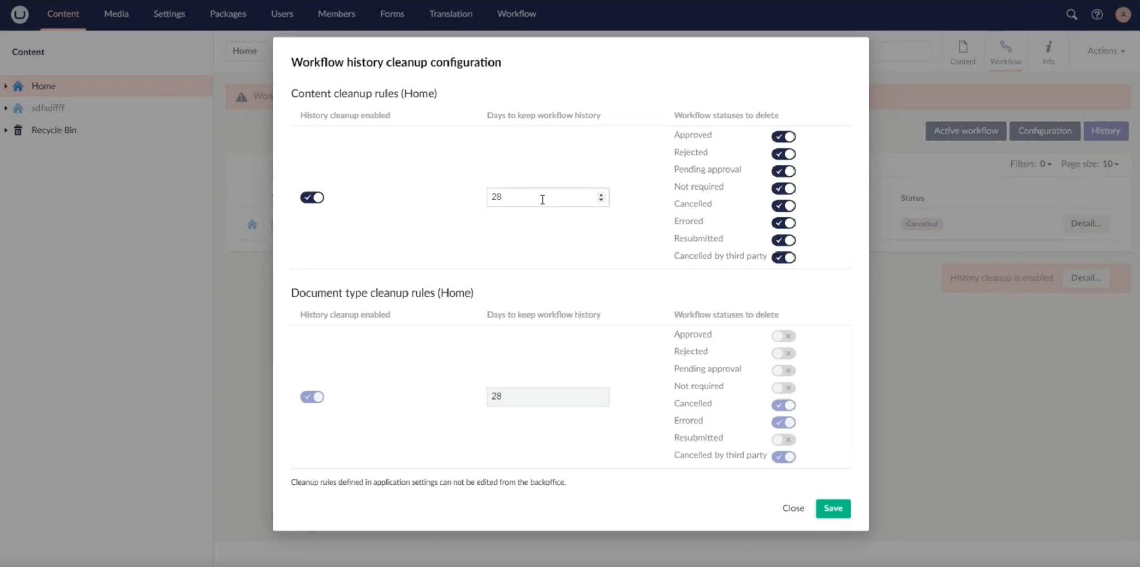 Umbraco Workflow Configure History Cleanup