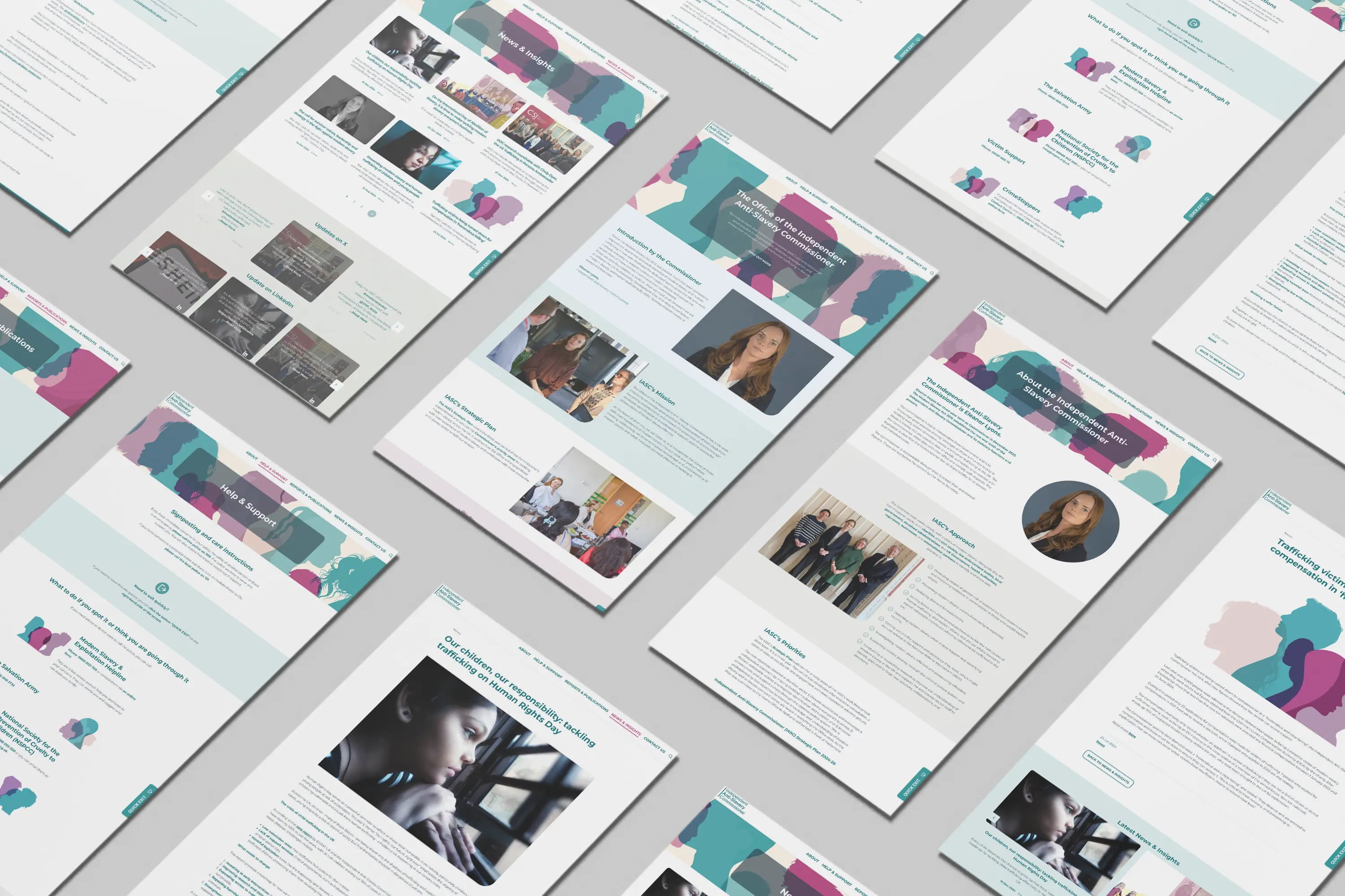An isometric collage showing multiple pages of the IASC website, including sections for news and insights, help and support, and strategic plans.