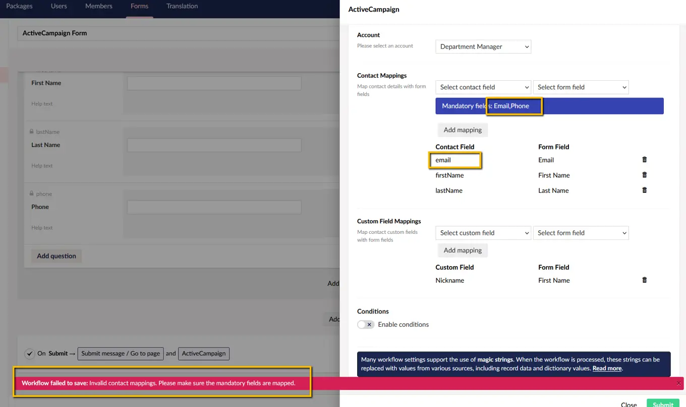 Screenshot: Active Campaign required field rules not met