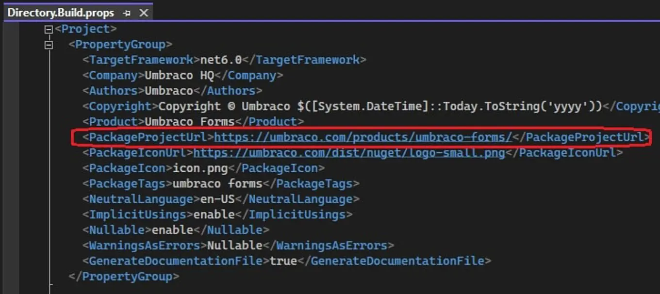 Screenshot of a Directory.Build.props file with the Package URL property highlighted.