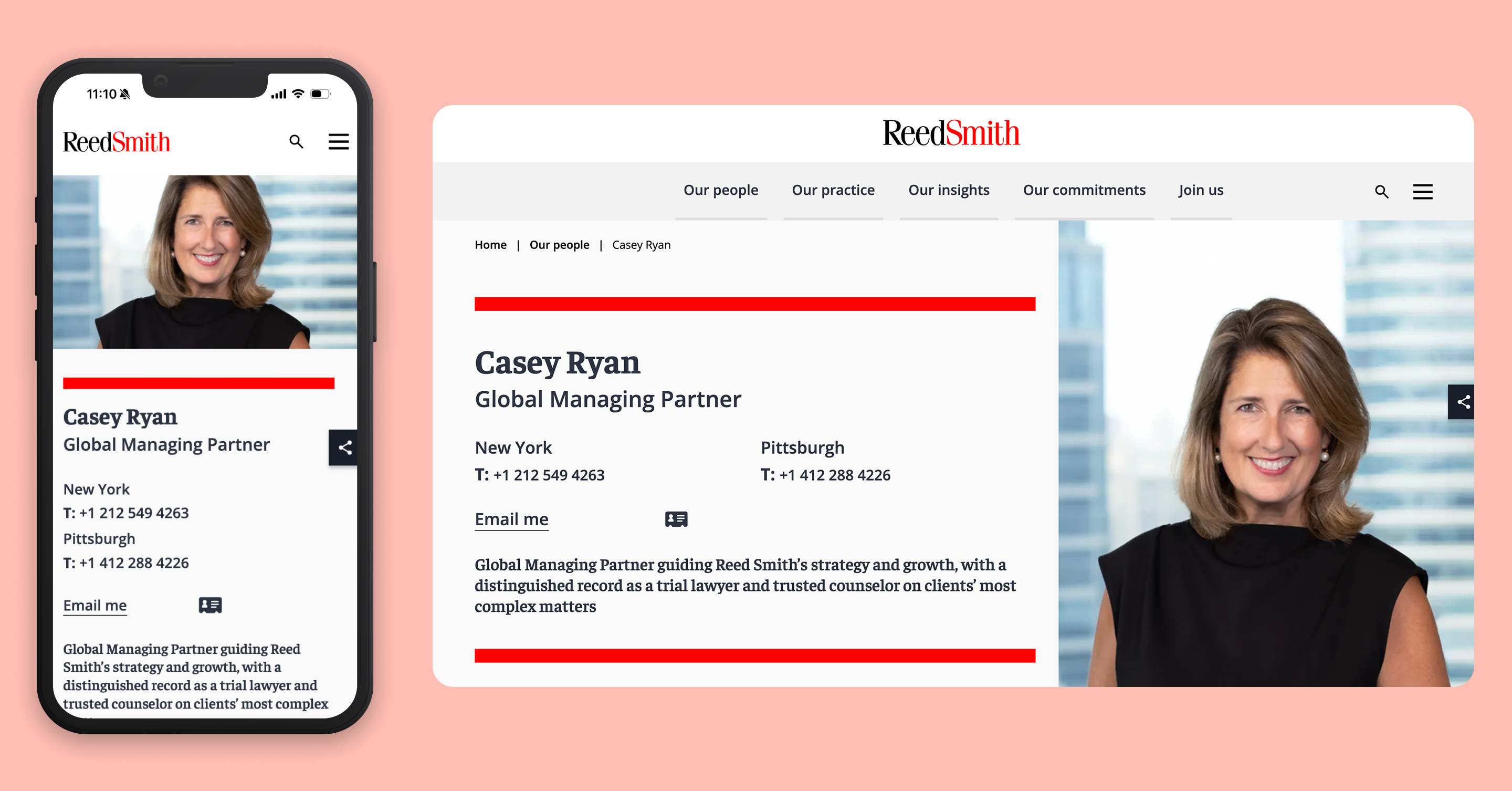 A smartphone and desktop screen showing the professional profile page for Casey Ryan, Global Managing Partner at Reed Smith, including a headshot and contact details.