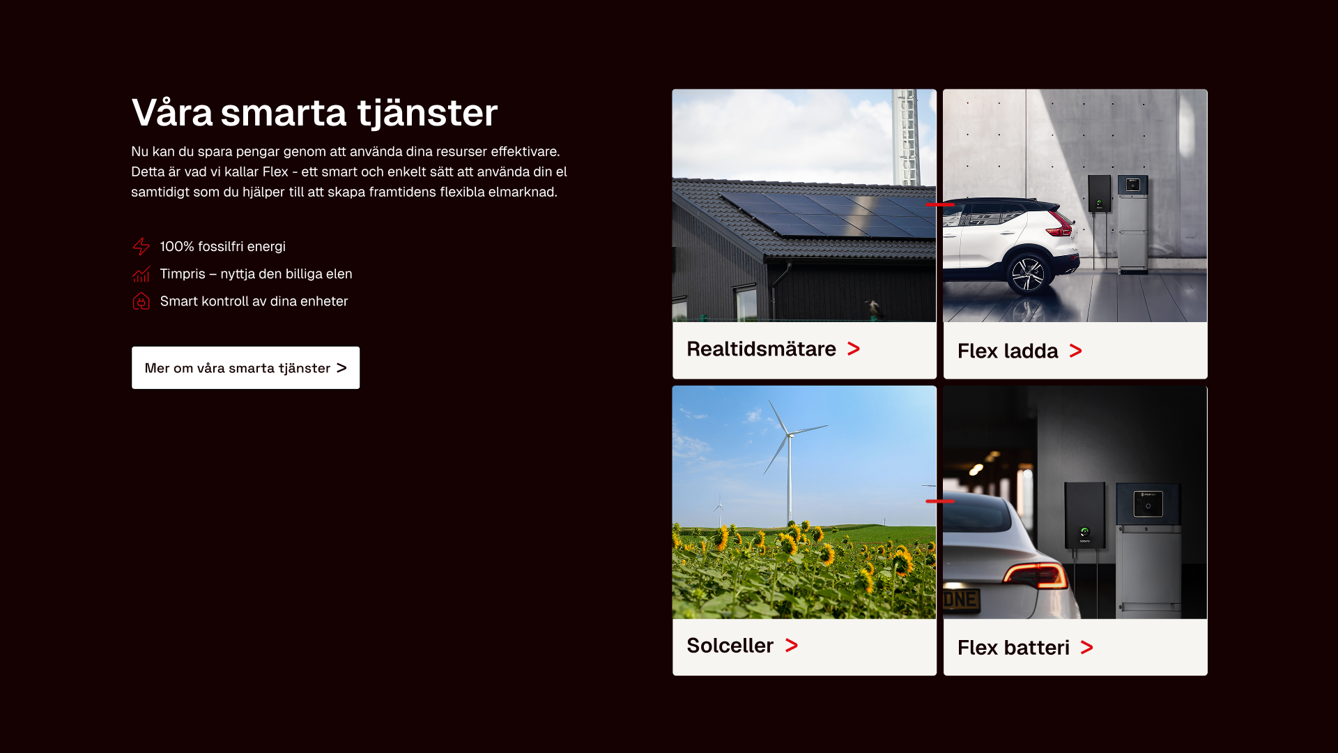 A "Våra smarta tjänster" (Our smart services) section for Varberg Energi, featuring a grid of tiles for real-time meters, EV charging, solar cells, and battery storage.
