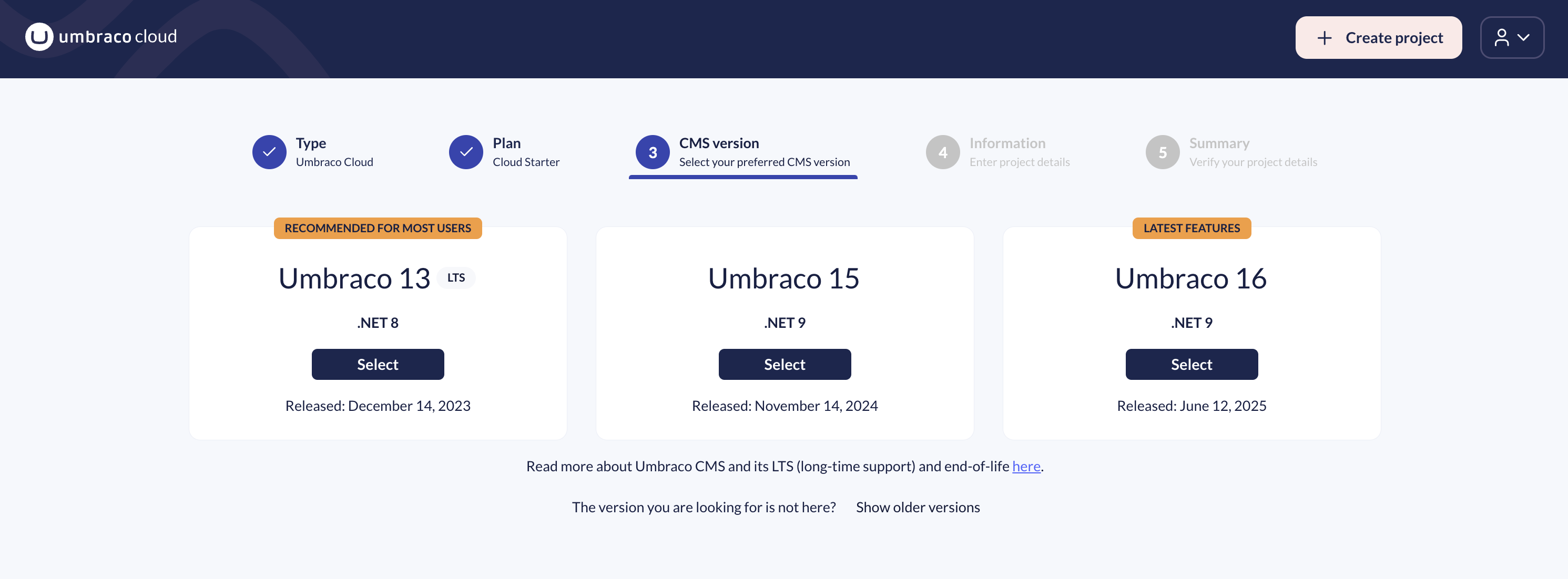 Umbraco 16 Version Selctor On Umbraco Cloud