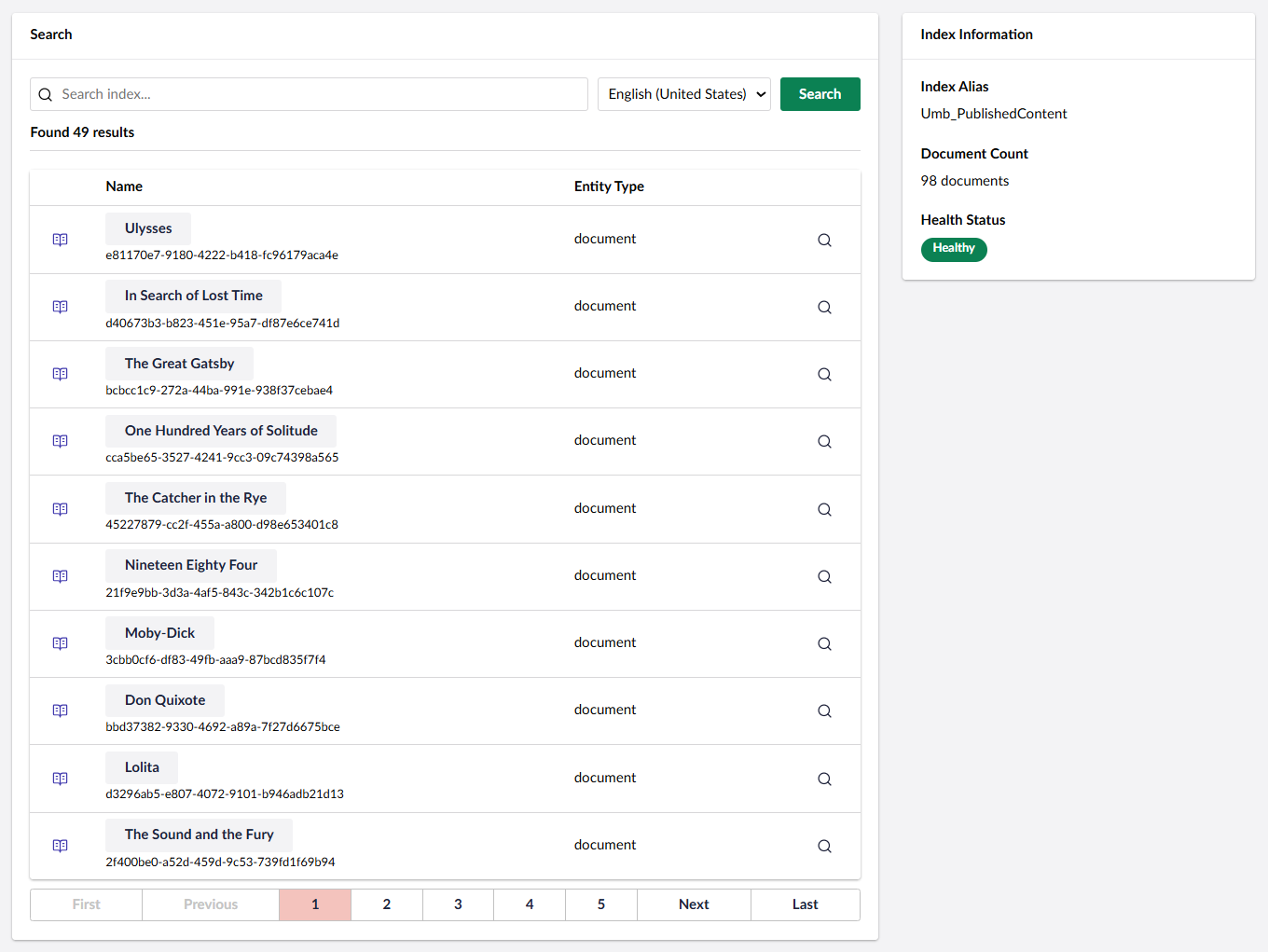A search interface displaying 49 results of book titles like "Ulysses" and "The Great Gatsby" in a list format. To the right, a sidebar shows index information, including a document count of 98 and a "Healthy" status.