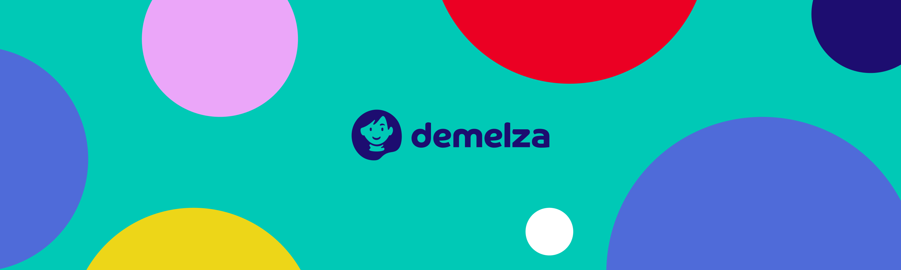 The Demelza logo, featuring a stylized child's face and the name "demelza" in dark blue, centered on a teal background decorated with large, overlapping colorful circles in shades of pink, yellow, red, and blue.
