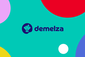 The Demelza logo, featuring a stylized child's face and the name "demelza" in dark blue, centered on a teal background decorated with large, overlapping colorful circles in shades of pink, yellow, red, and blue.