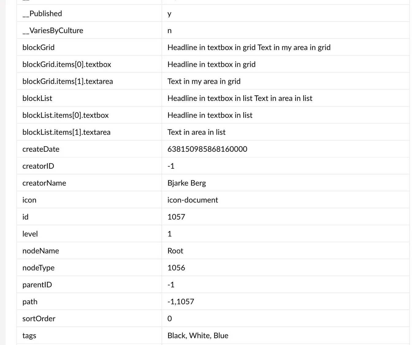 Screenshot of the Examine dashboard Umbraco content using complex data (JSON) indexed with the improvements added in 11.3/10.5