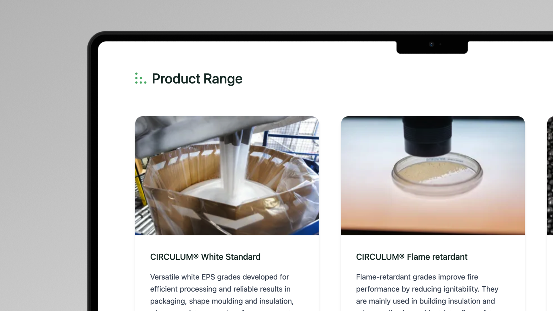 BEWI CIRCULUM product range website mockup showing standard white EPS and flame-retardant EPS grades for building insulation and packaging applications.