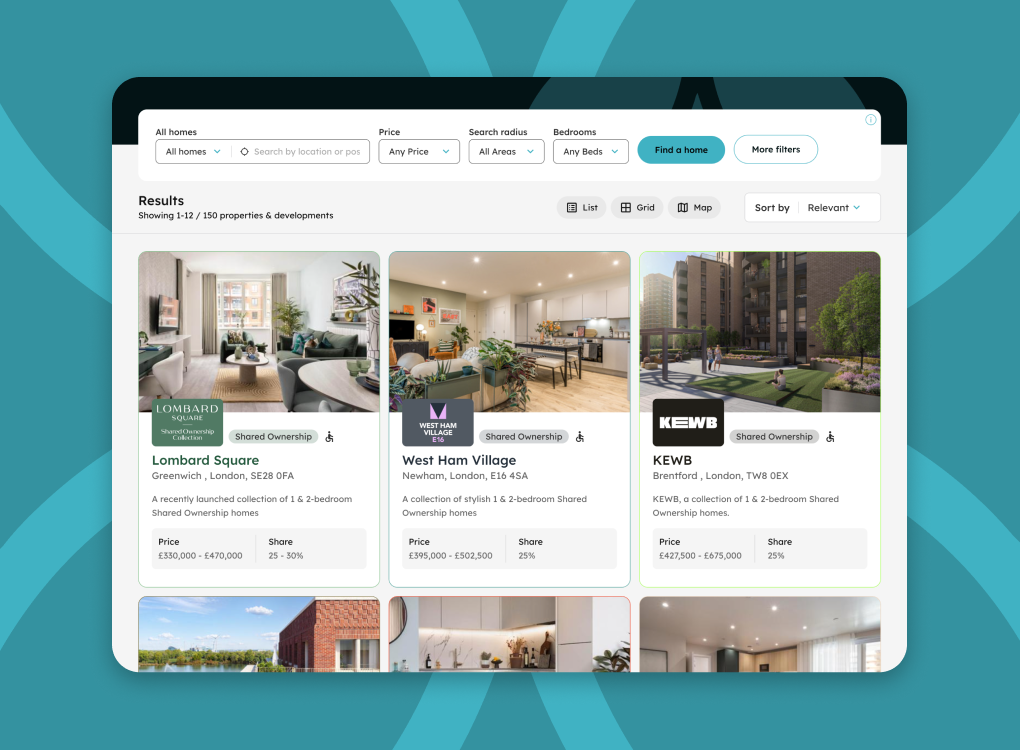 A desktop search results page on the Peabody website showing property listings for Lombard Square, West Ham Village, and KEWB with prices and "Shared Ownership" badges.