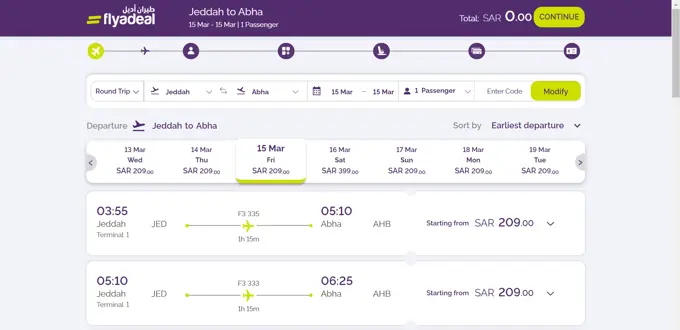 A flight selection interface from the 'flyadeal' airline website for flights from Jeddah to Abha on March 15, 2024. The page lists available flights with departure times and prices in Saudi Riyals (SAR). Options include a flight departing at 03:55 and another at 05:10, both with a duration of 1 hour and 15 minutes. The site's layout is clean with a purple header, a search module, and options to sort flights by earliest departure. Prices for this specific date are highlighted at SAR 209.00.