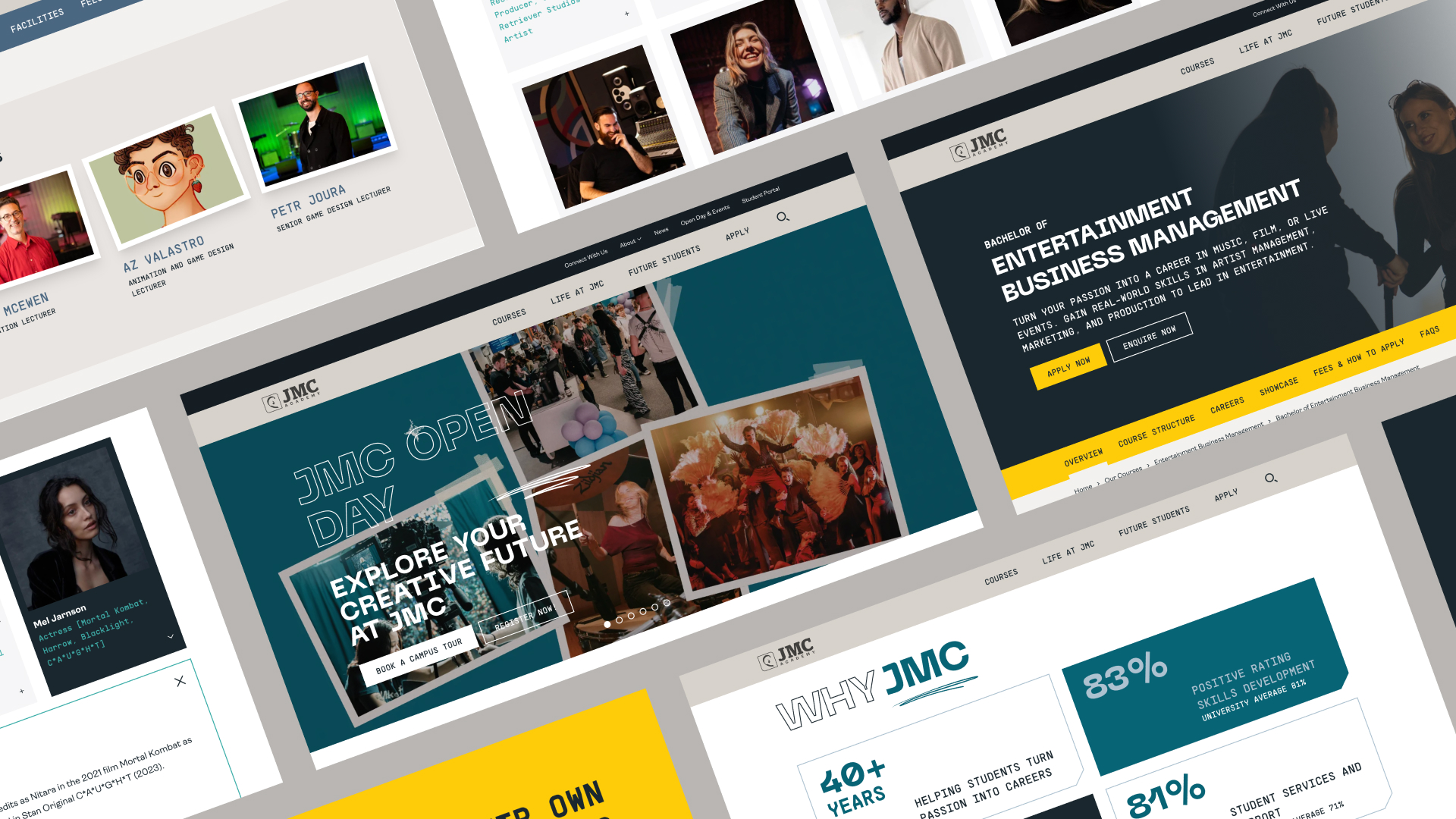 An angled collage of overlapping JMC Academy webpage layouts, including Open Day event promotions, course details, key institution statistics, and faculty profile cards.