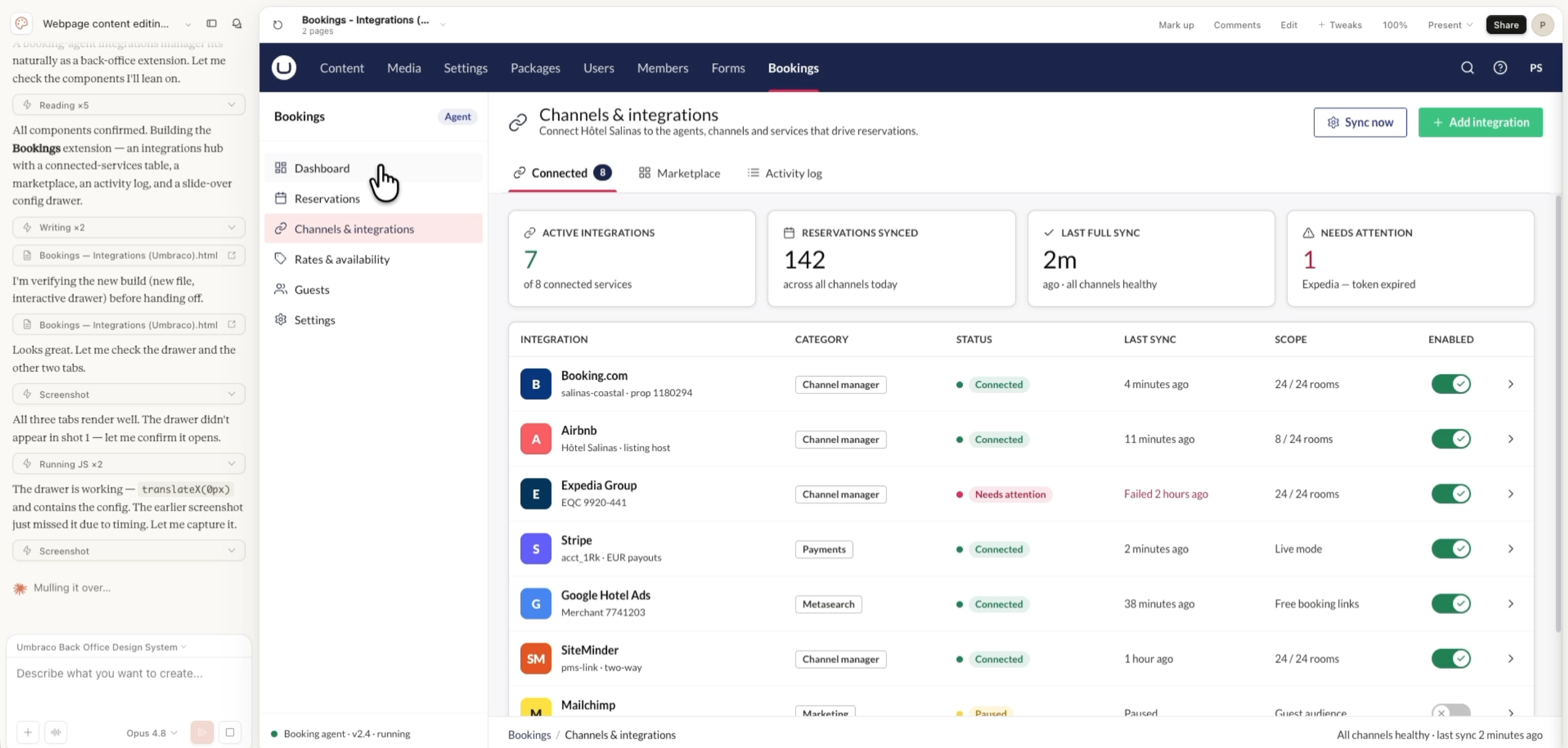 A digital dashboard interface titled "Channels & integrations" that displays connection metrics and sync data for multiple travel and payment services. A tabular view below the metrics tracks the real-time status, category, and synchronization schedule of each active integration.