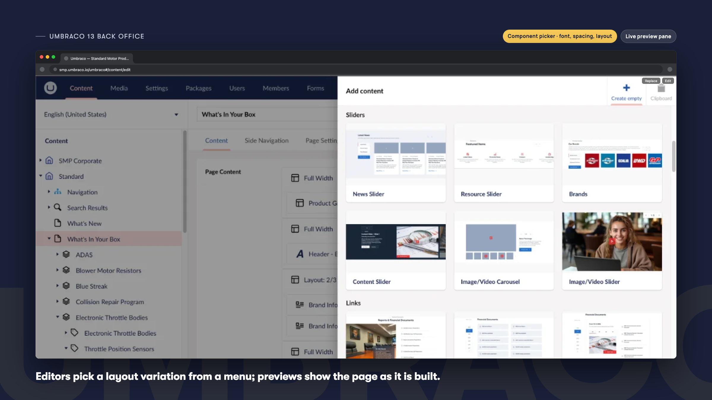 Umbraco back office screen with content menu and “Add content” grid of slider/layout options and previews