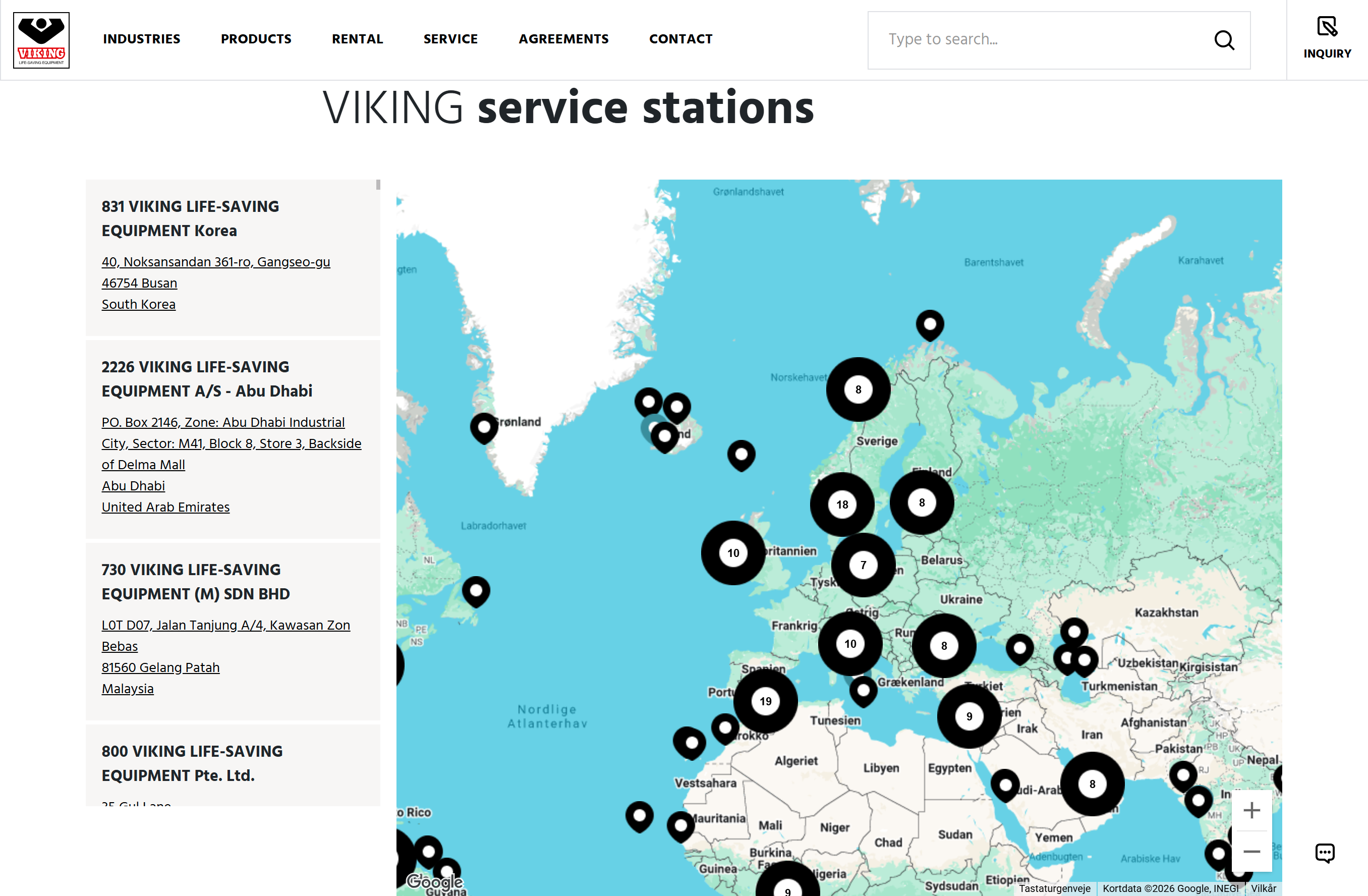 VIKING Life-Saving Equipment global service station location map for marine safety equipment servicing and maintenance worldwide.