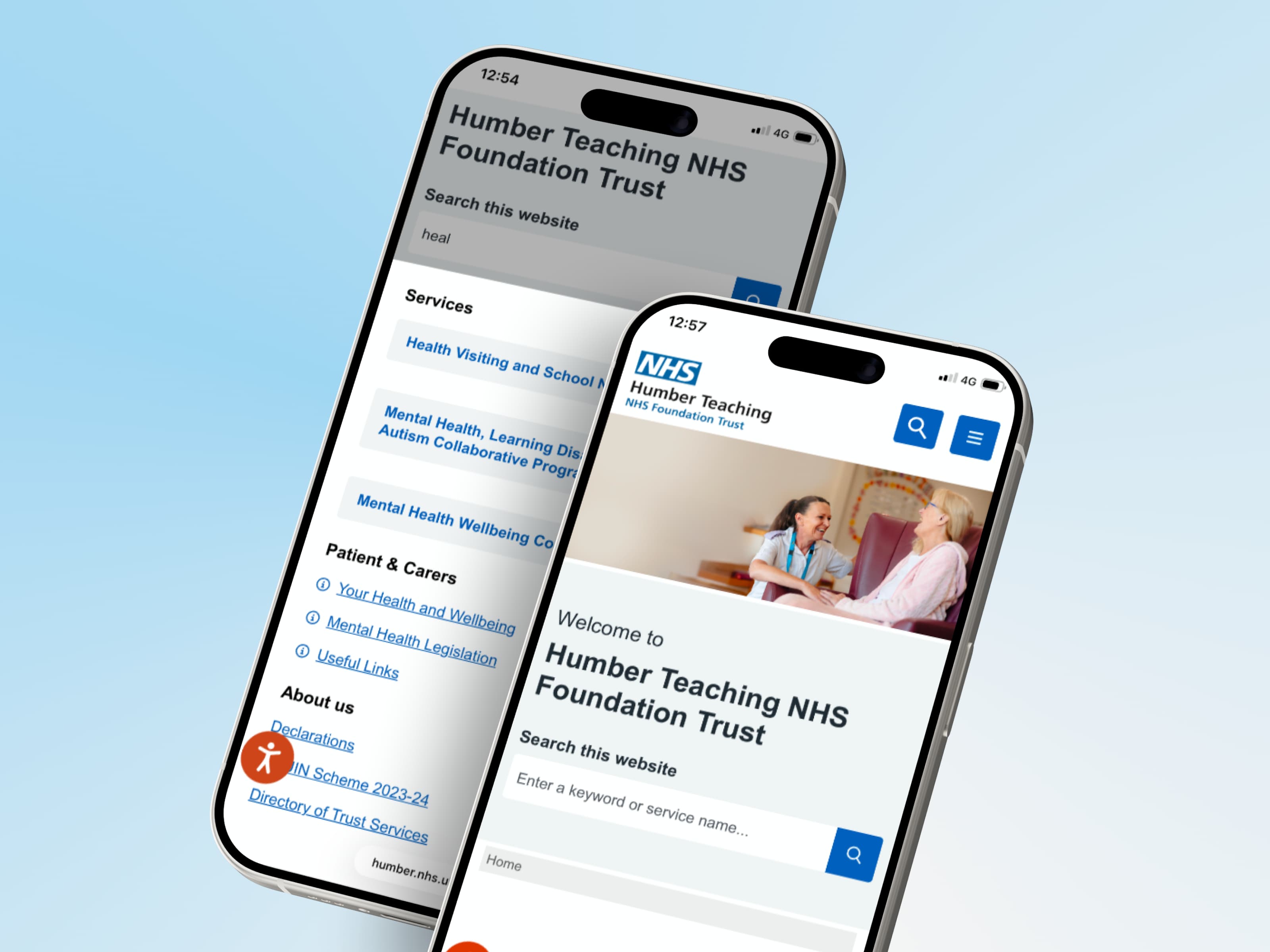 Two smartphones displaying the mobile-responsive version of the Humber Teaching NHS Foundation Trust extranet website.