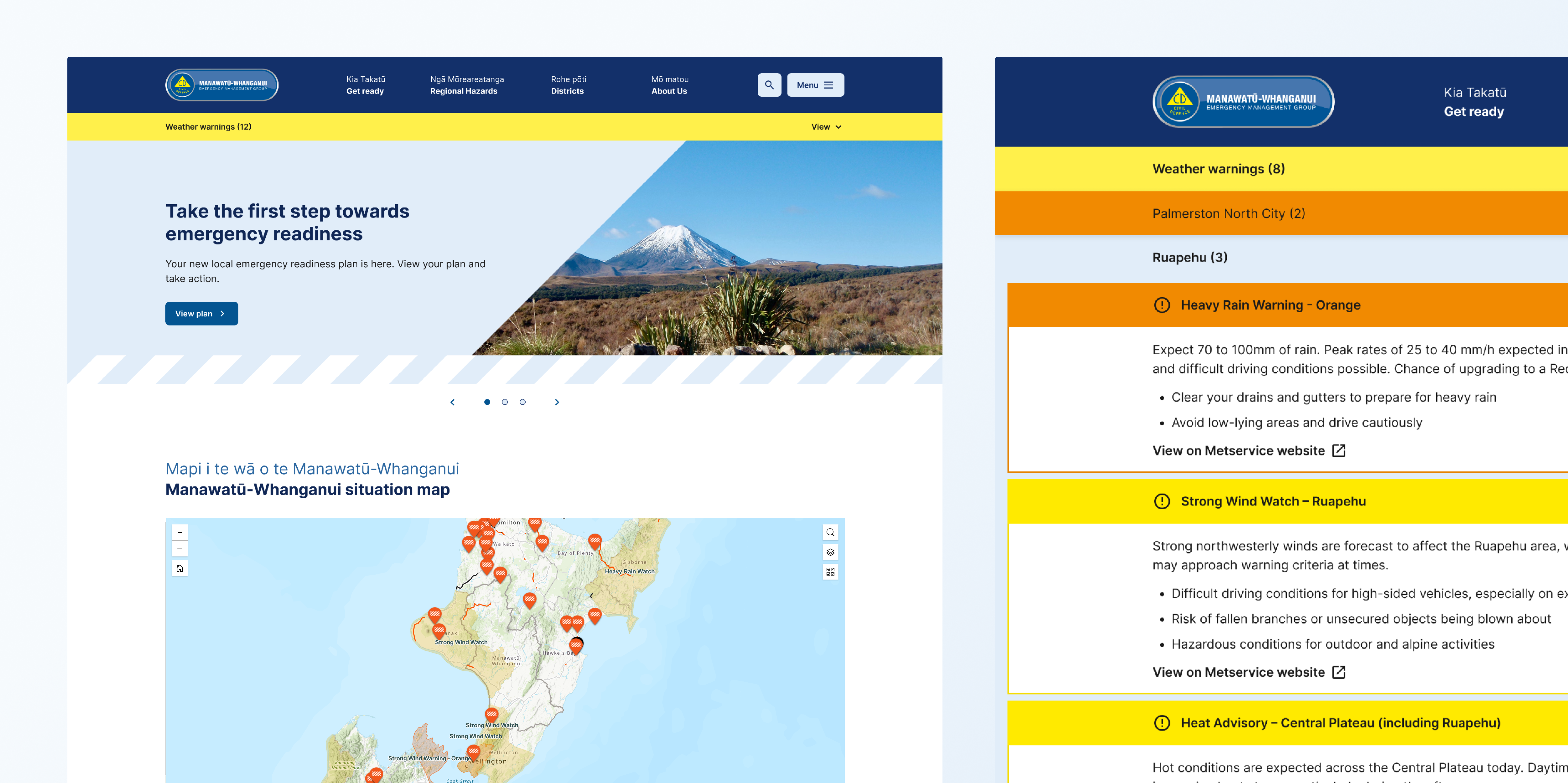 Desktop website layout showing a regional situation map alongside a panel displaying specific active orange heavy rain and wind warnings.