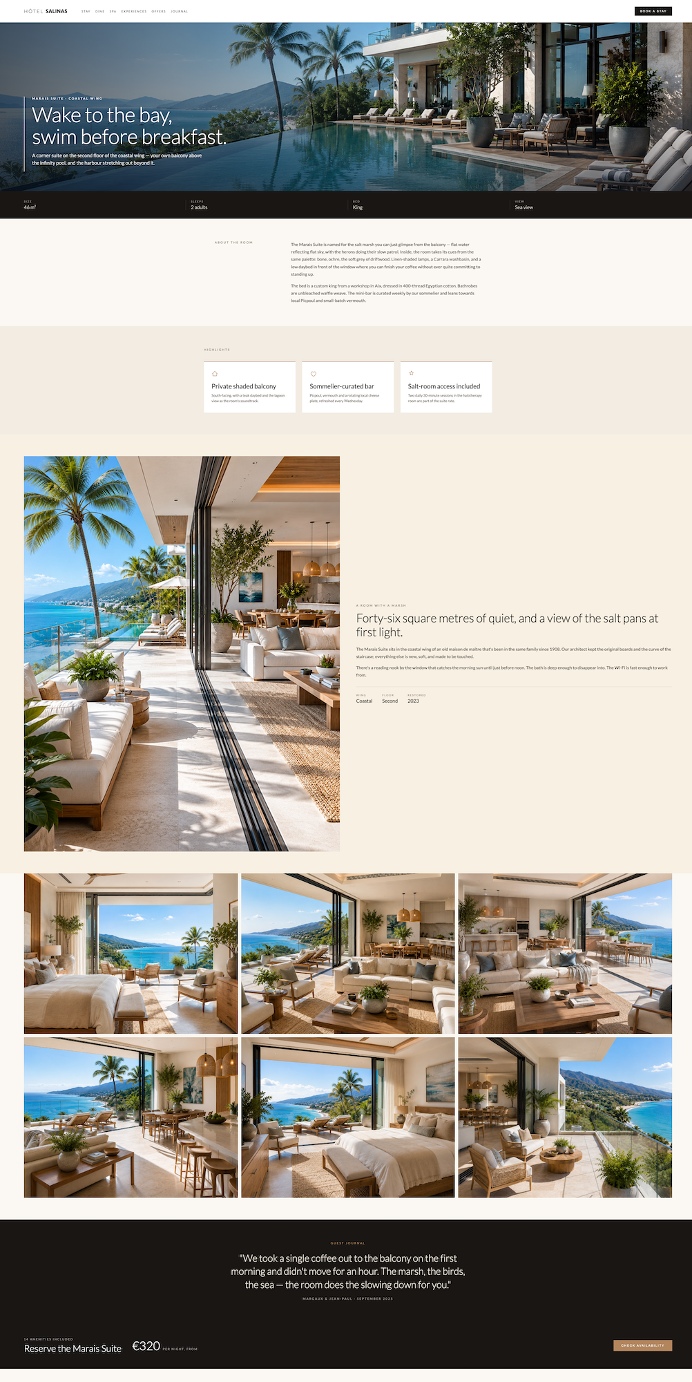 A complete website mockup layout showcasing a luxury hotel suite through a series of interior and exterior photographs. The design includes a large infinity pool banner image, promotional copy, icon blocks, a six-photo image grid, and a dark themed footer.