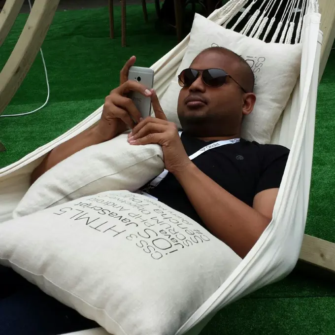 Antony in a hammock at a conference in Warsaw