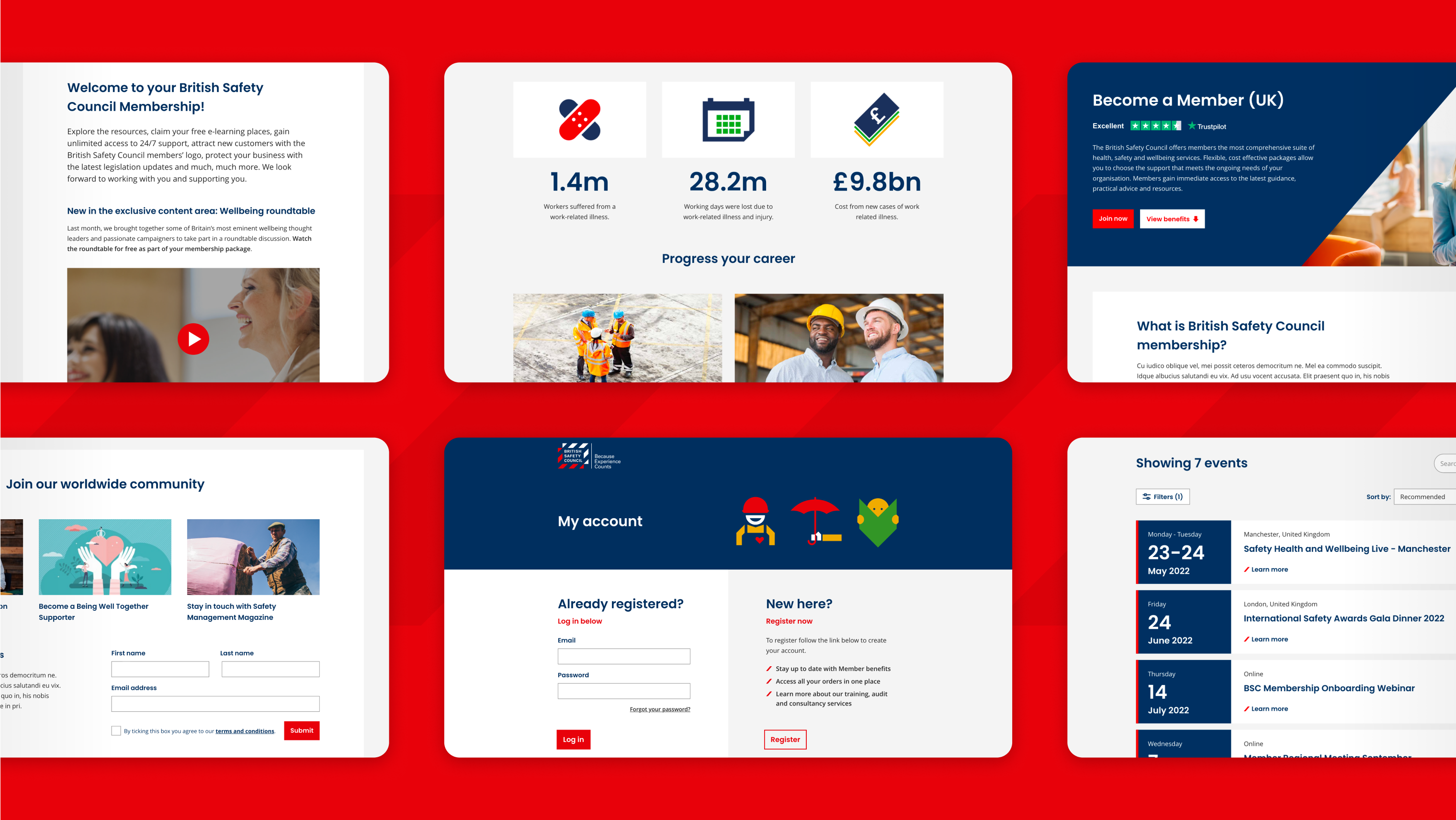 British Safety Council membership webpage screenshot with stats, benefits, registration and events panels on red and blue background