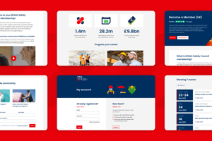 British Safety Council membership webpage screenshot with stats, benefits, registration and events panels on red and blue background