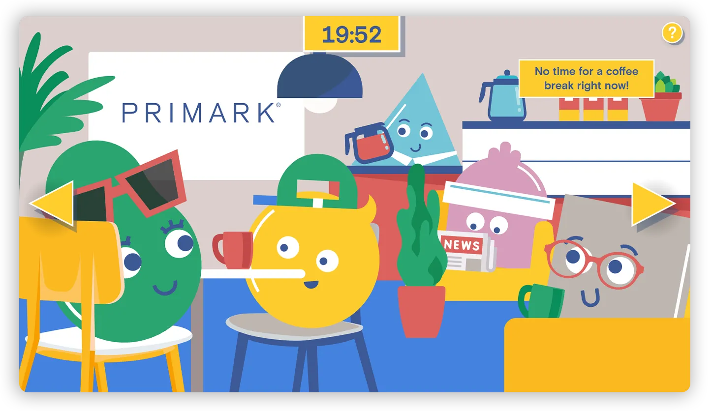 Animated classroom scene with Primark logo; characters reading and typing, timer 19:52, speech “No time for a coffee break right now!”