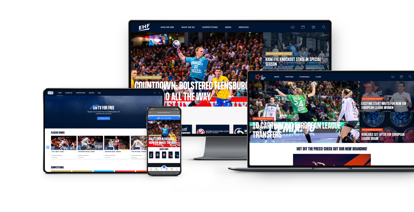EHF European Handball Federation digital platforms and EHFTV streaming service displayed on desktop, laptop, tablet, and mobile devices.