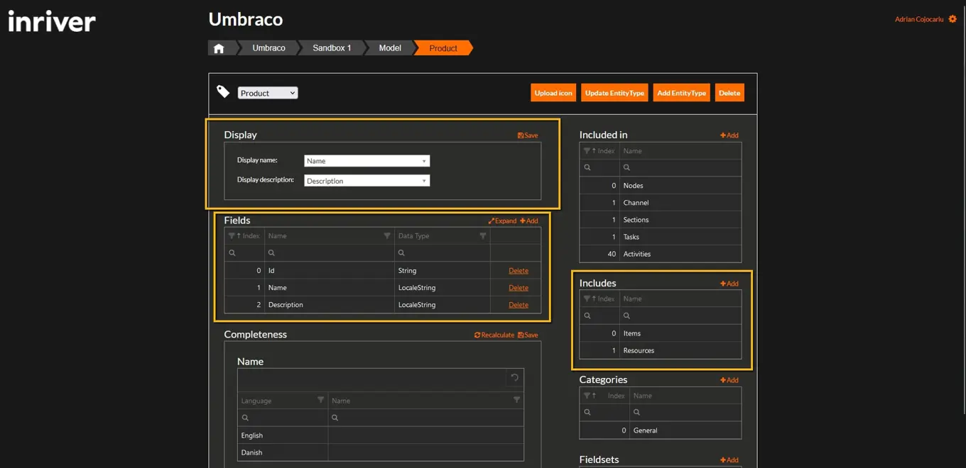 Control center - display, fields and includes sections