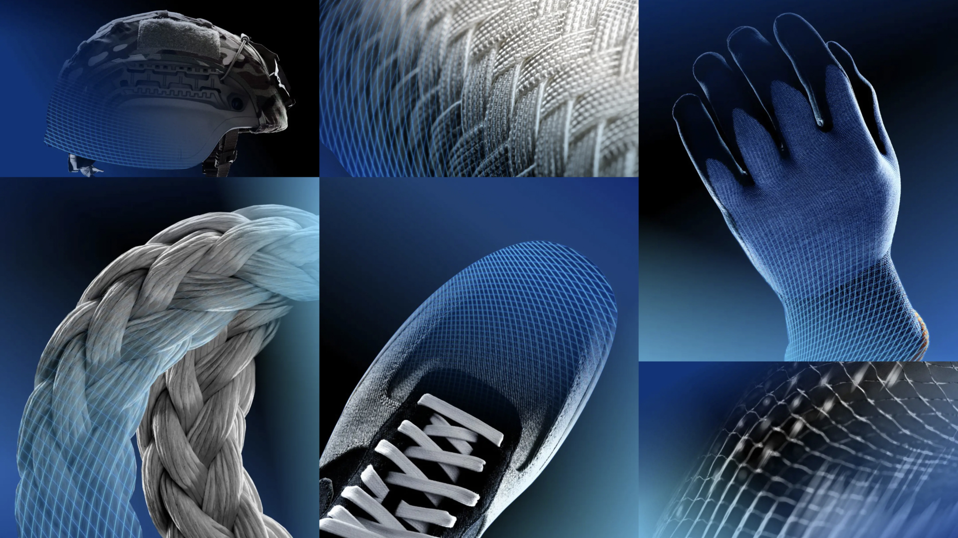A collage of high-performance products made with Dyneema fiber, including a tactical helmet, industrial braided rope, protective gloves, and an athletic shoe.