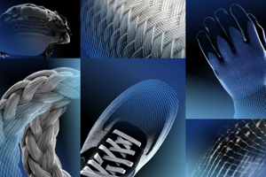A collage of high-performance products made with Dyneema fiber, including a tactical helmet, industrial braided rope, protective gloves, and an athletic shoe.
