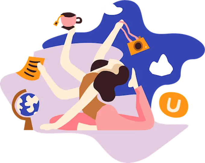 An illustration of a woman in a yoga position with several arms, holding a globe, a document, a teacup, and a camera at the same time. The Umbraco logo with orange background is next to her. 