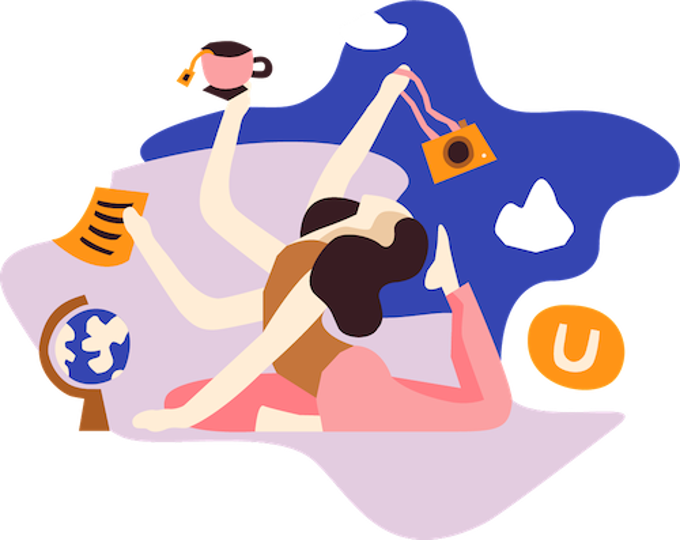 An illustration of a woman in a yoga position with several arms, holding a globe, a document, a teacup, and a camera at the same time. The Umbraco logo with orange background is next to her.