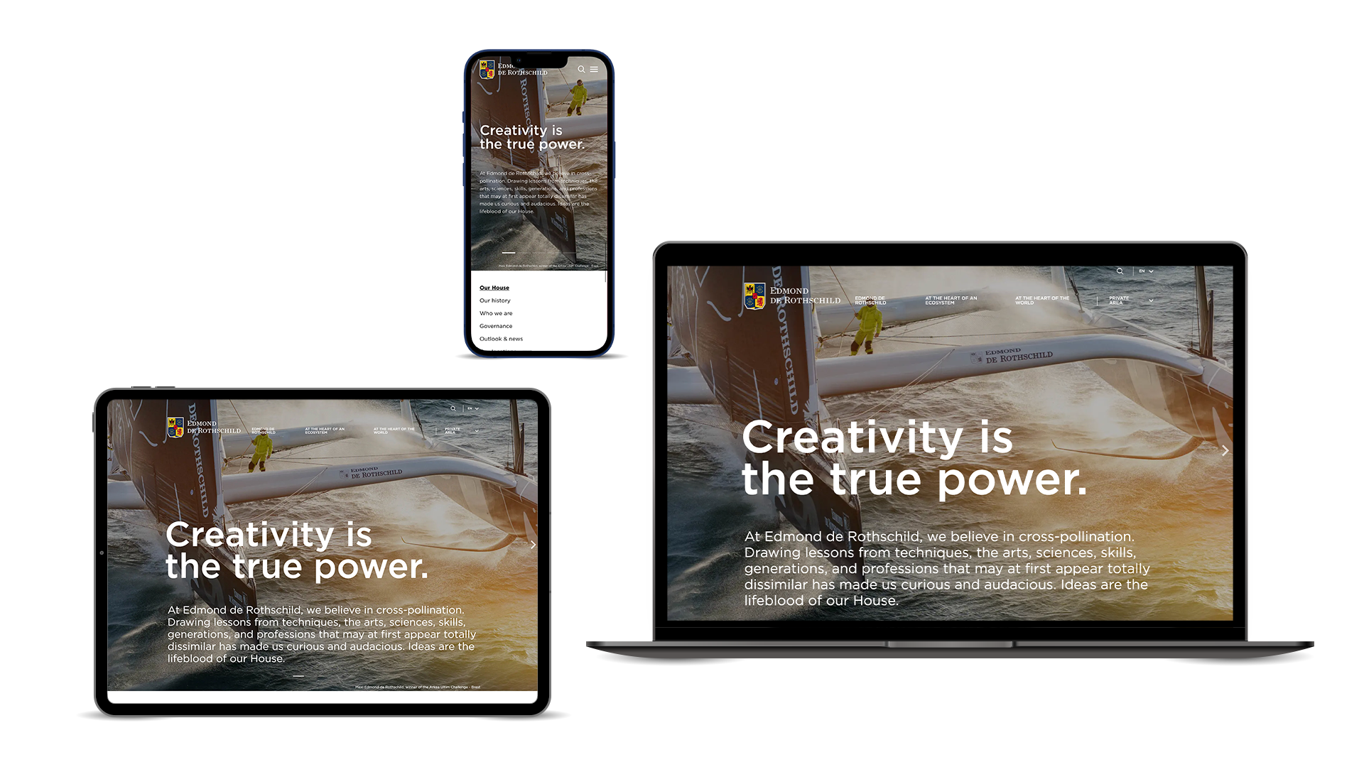 A laptop, tablet, and smartphone displaying the Edmond de Rothschild landing page with the headline: "Creativity is the true power."