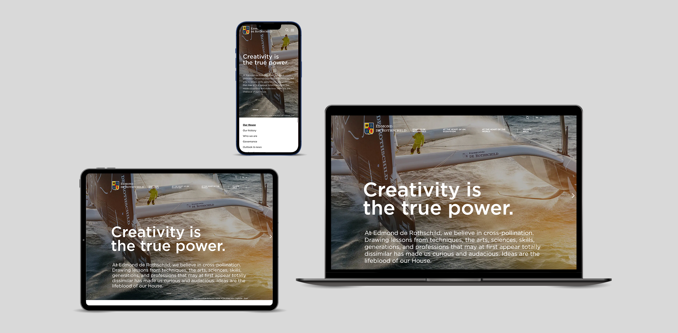 A laptop, tablet, and smartphone displaying the Edmond de Rothschild landing page with the headline: "Creativity is the true power."
