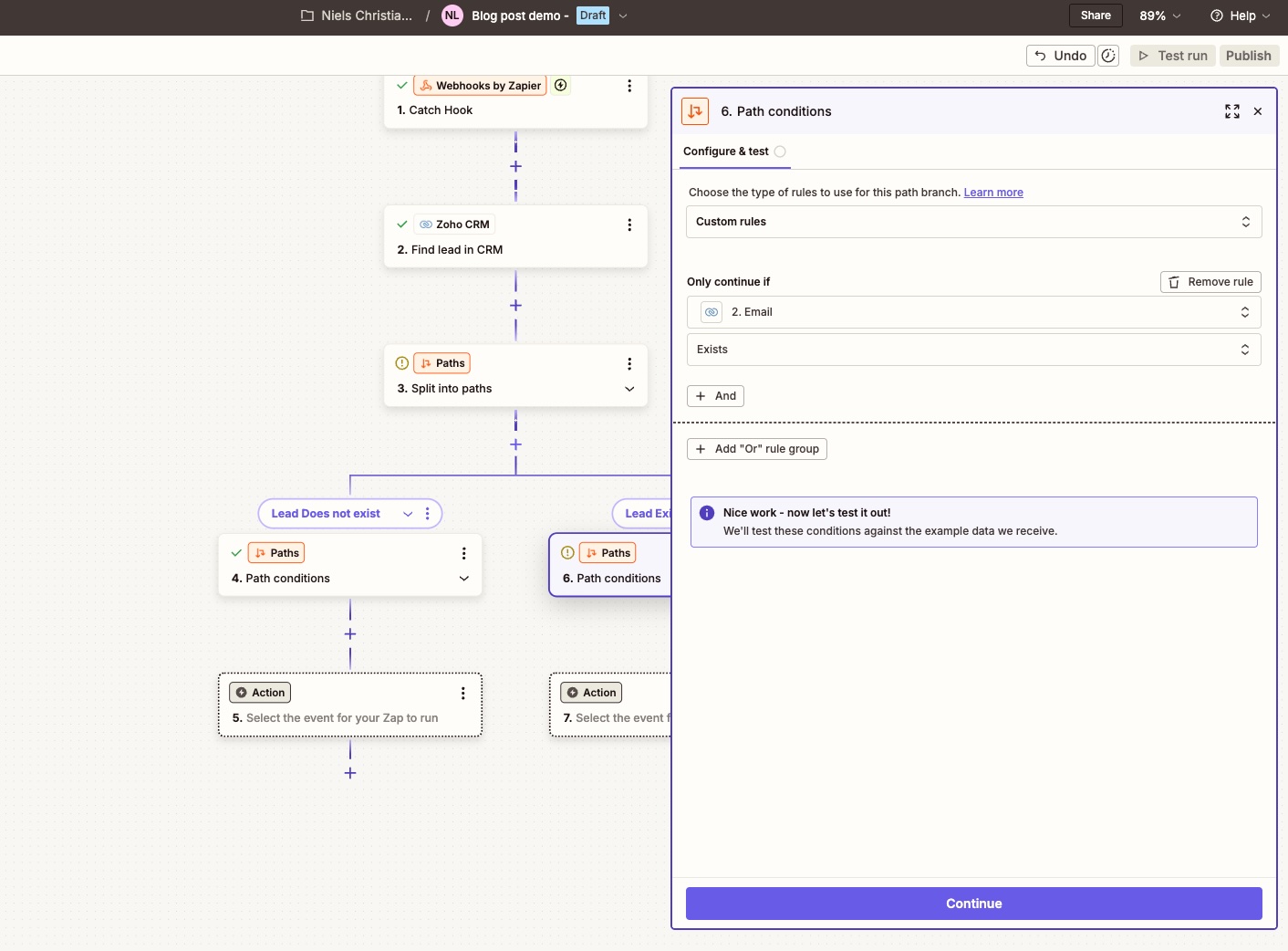Zapier Paths setup that branches into “Lead does not exist” and “Lead exists” based on email conditions to create or update the lead in the CRM