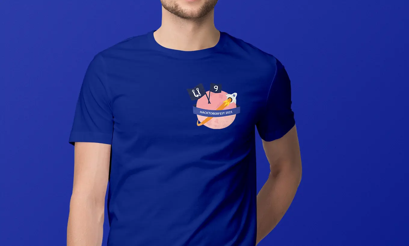 Man wearing a shirt with Hacktoberfest 2021 logo - planet with rocket flying around