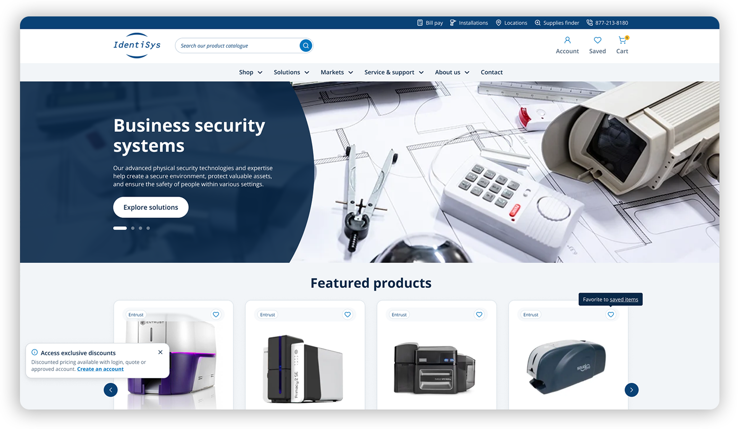 IdentiSys website hero banner for business security systems, with security device imagery and navigation bar