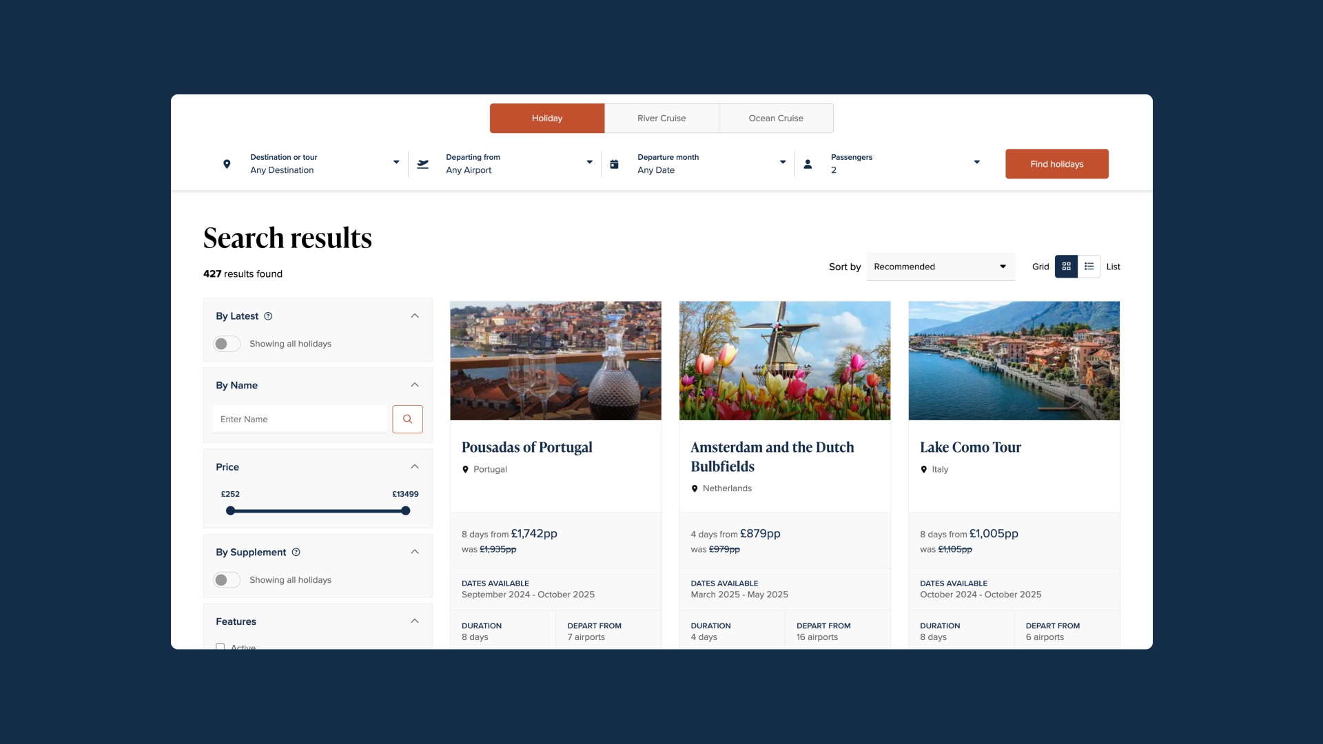 A desktop search results interface on the Newmarket Holidays website showing a grid of tours for Portugal, Amsterdam, and Lake Como, with filtering options on the left sidebar.